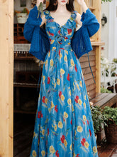 Load image into Gallery viewer, 2PS Blue Floral Print V-Neck Ruffles Maxi Dress with Cardigan Set