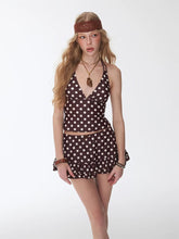 Load image into Gallery viewer, Retro Brown Polka Dot Tankini Set with Ruffle Skirt Two Piece Boho Swimsuit