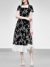 Load image into Gallery viewer, Black Square Collar Embroidered Flower 1950S Vintage Dress