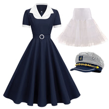 Load image into Gallery viewer, Sweet Navy Sailor Collar Short Sleeve Swing Vintage Dress with Hat Set