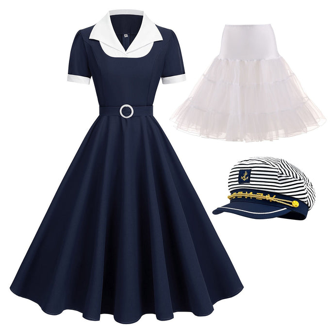 Sweet Navy Sailor Collar Short Sleeve Swing Vintage Dress with Hat Set