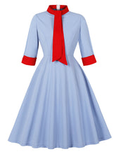 Load image into Gallery viewer, Sky Blue Vintage Dress with a Red Scarf Collar