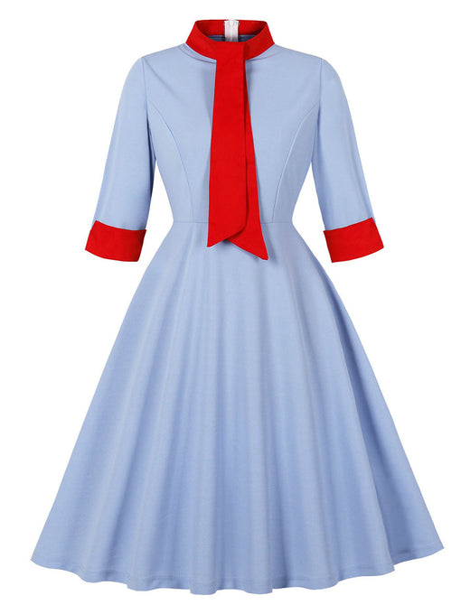 Sky Blue Vintage Dress with a Red Scarf Collar