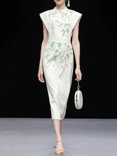 Load image into Gallery viewer, White Satin Green Leaves Flying Sleeves Print Vintage Dress