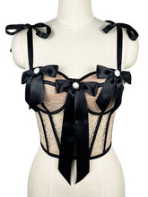 Load image into Gallery viewer, Black Bow Nude Lace Corset Top - Pearl Embellished Bustier with Tie Straps