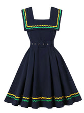Load image into Gallery viewer, Navy Square Collar 1950s Swing Dress