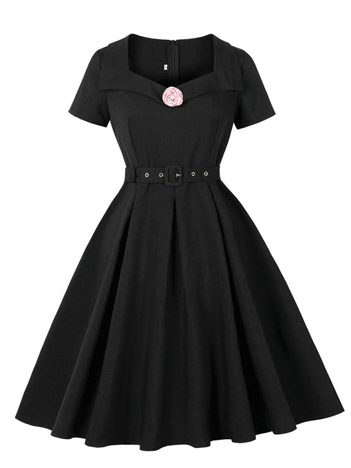 Audrey Hepburn Inspired Black Vintage Dress Handmade Rose