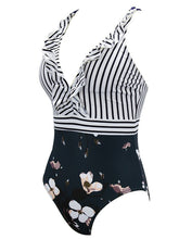 Load image into Gallery viewer, Classic Striped V-Neck One-Piece Swimsuit with Ruffle Details