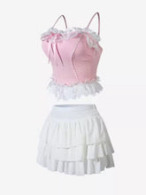 Load image into Gallery viewer, Pink Lace Bandeau and White Tutu Skirt Bikini Set  Two Piece High Waist Swimsuit