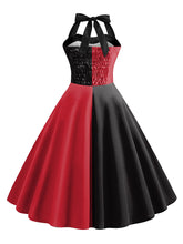 Load image into Gallery viewer, Red &amp; Black Split Halter Dress, Halloween Gothic Jester Cosplay Vintage 1950s Party Swing Dress