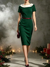 Load image into Gallery viewer, 1960s Dark Green Short Sleeve Bodycon Dress with Contrast White Collar