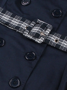 Vintage Double-Breasted Navy Gingham Collar Shirt Dress