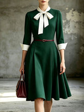 Load image into Gallery viewer, 1950s Emerald Green Bow Tie Swing Dress 3/4 Sleeves