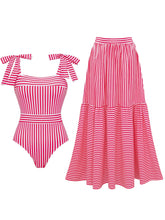 Load image into Gallery viewer, Barbiecore Pink and White Vertical Striped Strap One-Piece Swimsuit with Bathing Suit Skirt