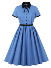 Load image into Gallery viewer, Audrey Hepburn Style Vintage Blue 1950s Cotton Shirt Dress