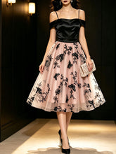 Load image into Gallery viewer, 1950s Off-The-Shoulder Satin &amp; Pink Butterfly Mesh Swing Dress  with Gloves