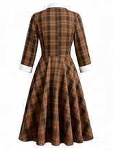 Load image into Gallery viewer, Vintage 1950s Brown Plaid Peter Pan Collar Midi Swing Dress with 3/4 Sleeves
