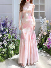 Load image into Gallery viewer, Pink Floral Print Spaghetti Strap Fish Tail Swing Party Maxi Dress