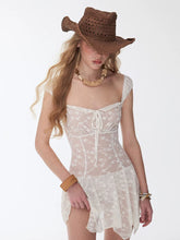 Load image into Gallery viewer, White Lace One Piece Swimdress Square Neck Skirted Swimsuit with Tie Front