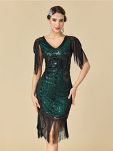 Load image into Gallery viewer, Women's 1920s Flapper Dress with Fringe Sleeves Black Gold Gatsby Costume Sequined Beaded Dress