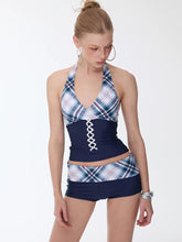Load image into Gallery viewer, Lace Up Plaid Halter Tankini Set with Shorts Two Piece Swimsuit