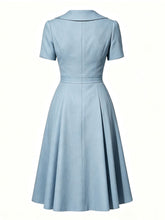 Load image into Gallery viewer, 1950s Light Blue Lapel Neck Button Front Swing Dress with Short Sleeves