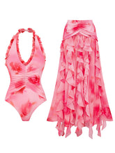 Load image into Gallery viewer, Pink Floral Print Halter Neck One-piece Swimsuit With Bathing Suit Skirt