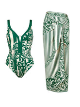 Load image into Gallery viewer, 2PS Women’s Green and White Paisley Tile Print V-Neck Swimsuit and Stripe Sarong Set