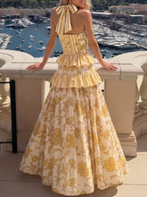 Load image into Gallery viewer, Women's Yellow Floral Striped Halter Swimsuit &amp; Tiered Ruffled Maxi Skirt Set