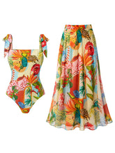 Load image into Gallery viewer, Colorful Tropical Floral One-Piece Swimwear with Tie Strap and Chiffon Maxi Skirt Set