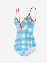 Load image into Gallery viewer, Blue Plaid Red Trim V-Neck One Piece Vintage Swimsuit