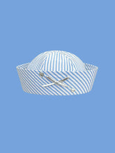 Load image into Gallery viewer, Light Blue Striped Sailor Hat for Women – Retro Canvas Gob Cap with Silver Heart Hardware