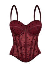 Load image into Gallery viewer, Pink Polka Dot Mesh Corset Top - Sheer Boned Spaghetti Strap Bustier