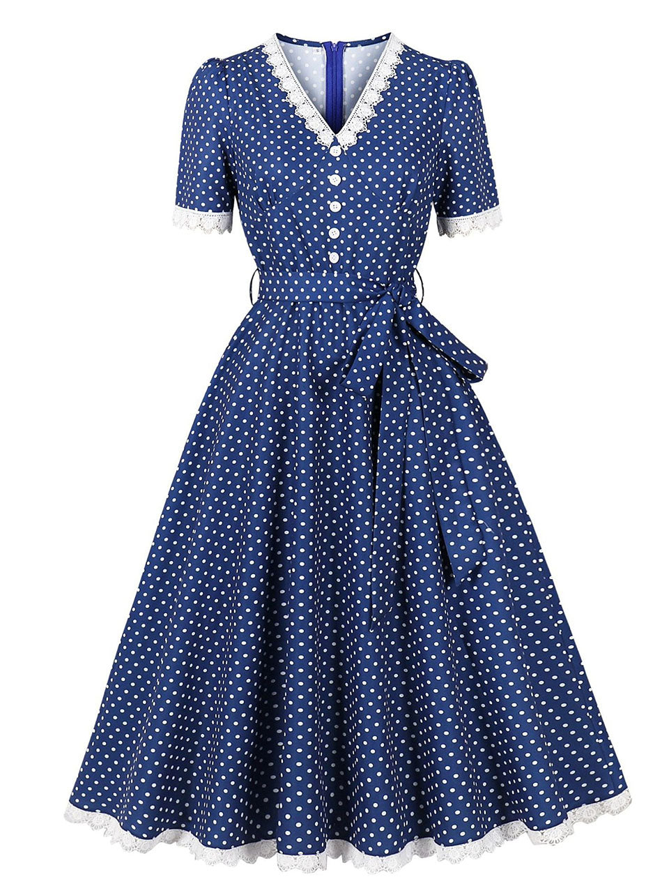 Vintage Lace Red V Neck Polka Dots 1950s Swing Dress, Navy / M Vintage Lace Red V Neck Polka Dots 1950s Swing Dress, Navy / M
