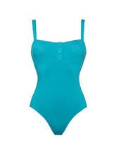 Load image into Gallery viewer, 2PS Turquoise Blue Button-Front One-Piece Swimsuit &amp; Pocket Mini Skirt Cover-Up Set
