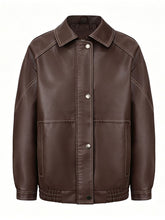 Load image into Gallery viewer, Women's Dark Brown Contrast Stitch Faux Leather Bomber Jacket