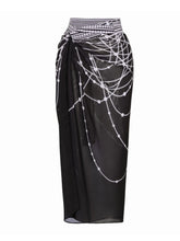 Load image into Gallery viewer, Black Beaded Chain Print Long Sleeve Bodysuit with Sheer Wrap Skirt