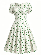 Load image into Gallery viewer, 1950s Green Polka Dots Vintage Puff Sleeve Retro Swing Dress