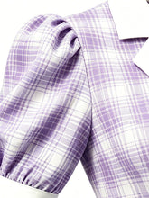 Load image into Gallery viewer, 1950s Baby Blue Plaid Notch Lapel Collar Vintage Puff Sleeve Retro Swing Dress