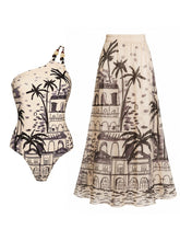 Load image into Gallery viewer, Women's One-Shoulder Tropical Print Swimsuit &amp; Matching Maxi Skirt Cover-Up Set