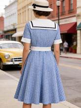 Load image into Gallery viewer, 1950s Blue Plaid Vintage Sailor Collar Short Sleeve Swing Dress