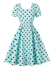 Load image into Gallery viewer, 1950s Mint Blue Polka Dot Puff Sleeve Vintage Swing Dress