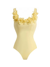 Load image into Gallery viewer, Women’s Pastel Yellow 3D Flower Applique One-Piece Swimsuit and Eyelet Cutout Long Skirt Set