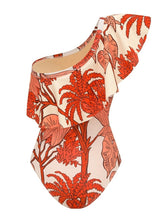 Load image into Gallery viewer, Women's Red Tropical Print One-Shoulder Ruffle Swimsuit &amp; Wide-Leg Pants Set