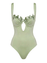 Load image into Gallery viewer, 2PS Sage Green Floral One-Piece Swimsuit Wave Trim Sarong Wrap Skirt Set