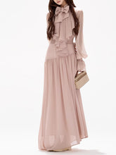Load image into Gallery viewer, Pink Flowy Chiffon Maxi Dress with Oversized Bow Collar and Elegant Puff Sleeves