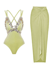 Load image into Gallery viewer, Mint Green Metallic Blossom Luxury Crisscross Back Shimmering  One-Piece Swimwear &amp; Draped Sarong Set