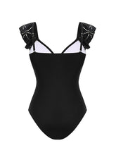 Load image into Gallery viewer, Black Eyelet Ruffle One Piece Swimsuit with Maxi Skirt 2 Piece Resortwear Set