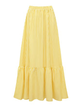 Load image into Gallery viewer, Women's Yellow Striped Ruffle V-Neck One Piece Swimsuit with Tiered Maxi Skirt Set