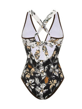 Load image into Gallery viewer, Women’s Black and Brown Floral Print Criss-Cross One-Piece Swimsuit and Sheer Sarong Set